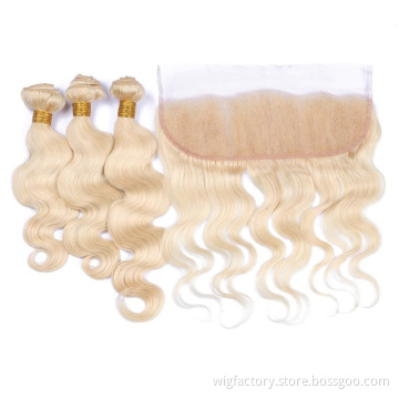 613 human hair bundles with closure, Free Brazilian cuticle aligned virgin hair, Honey blonde hair 40 inch bundles with frontal